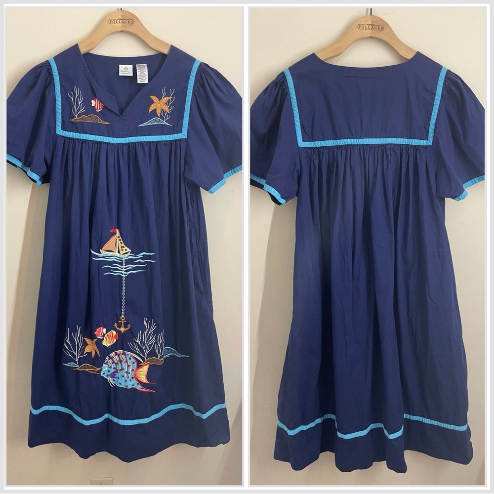 Blue Cotton Embroidered Dress M Ocean Sea Life Sail Boat Smithsonian Institute